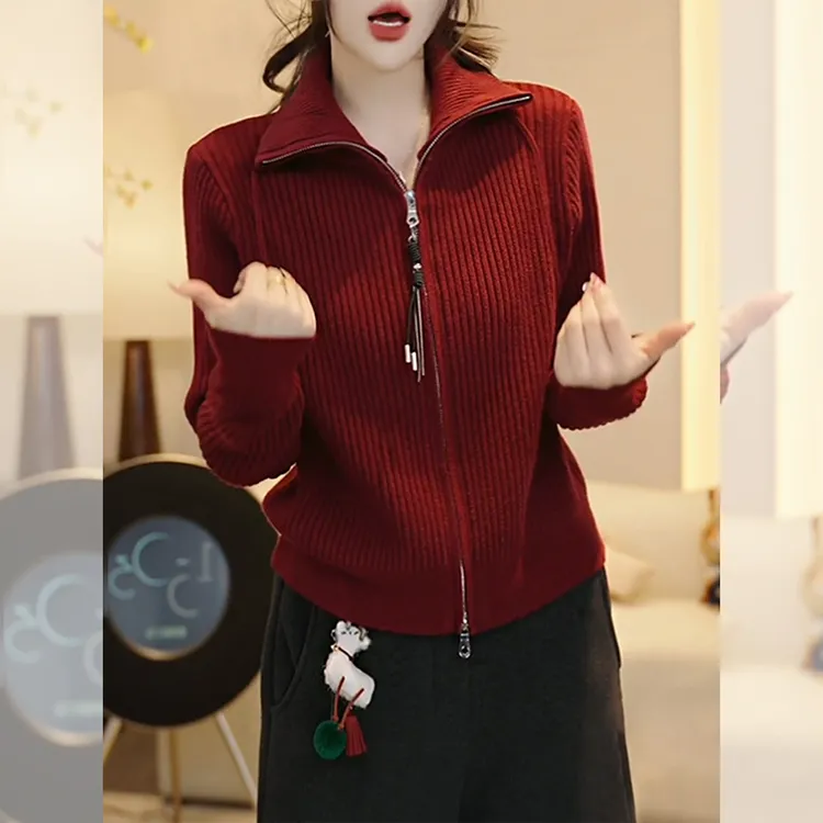 红色翻领双拉链长袖针织开衫女秋冬季新款慵懒风坑条毛衣外套上衣