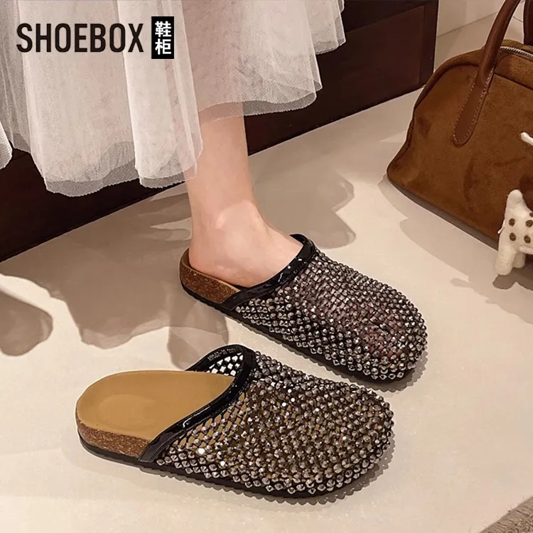 SHOEBOX鞋柜厚底勃肯包头半拖鞋女夏外穿2025新款渔网水钻凉拖