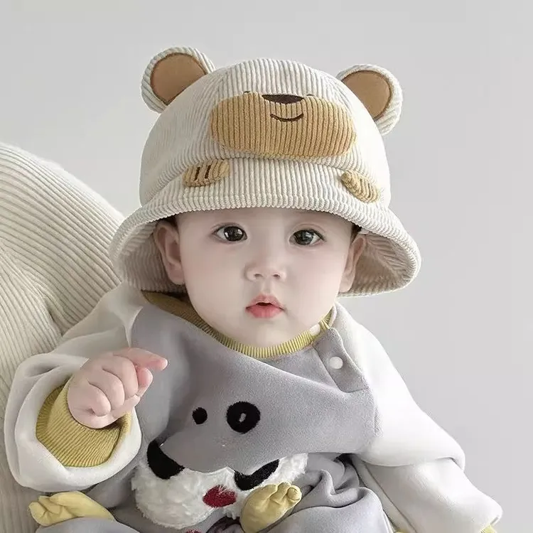 婴儿帽子秋冬季保暖防风可爱宝宝渔夫帽男女童小月龄超萌小熊盆帽