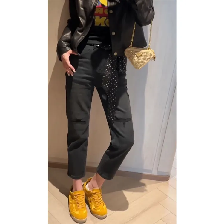 艾塔莉美式黑色烟管牛仔裤女春夏新款百搭梨形身材修身九分小个子
