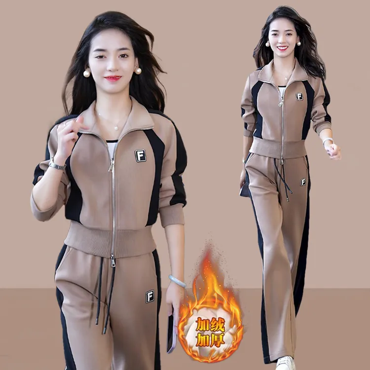 高含棉时尚运动套装女2025年冬季新款加绒加厚短外套直筒裤两件套