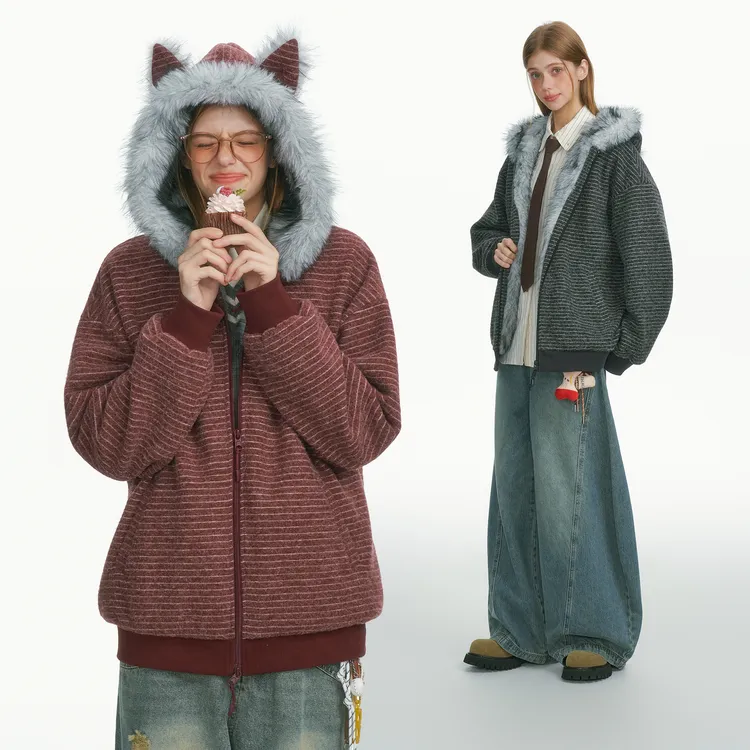 BEETLE TOWN美式耳朵毛领条纹连帽开衫卫衣女春秋情侣上衣外套男