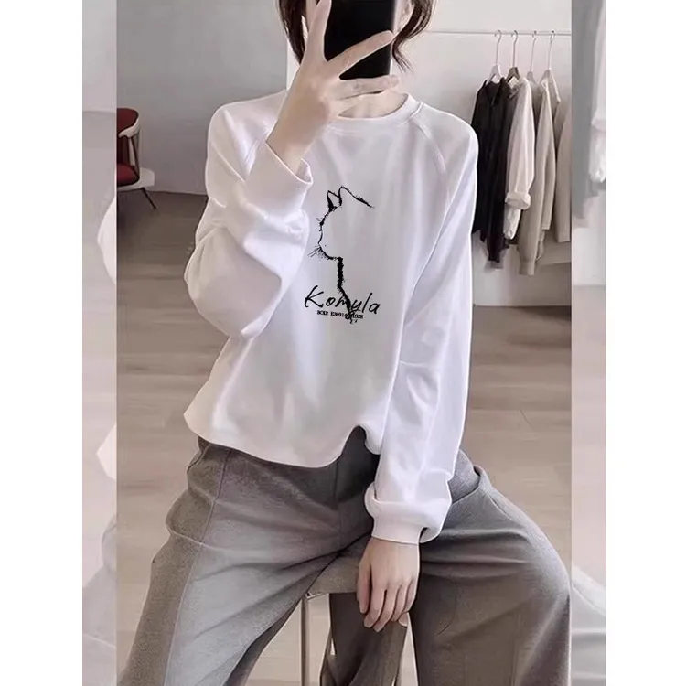 春秋季新款插肩袖棉质长袖T恤女士慵懒风宽松打底衫印花白色上衣 