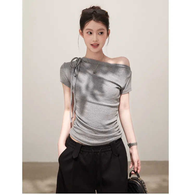 现货【谢不肉】绑带斜肩短袖休闲韩版显瘦设计感褶皱T恤上衣5661