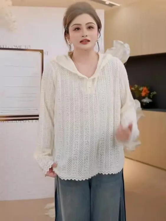 佳佳大码女装慵懒风长袖镂空连帽针织衫女秋季胖mm宽松巨显瘦外搭