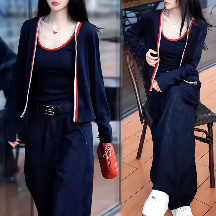 小众炸街高级感套装女2025春秋撞色针织背心开衫外套阔腿裤三件套