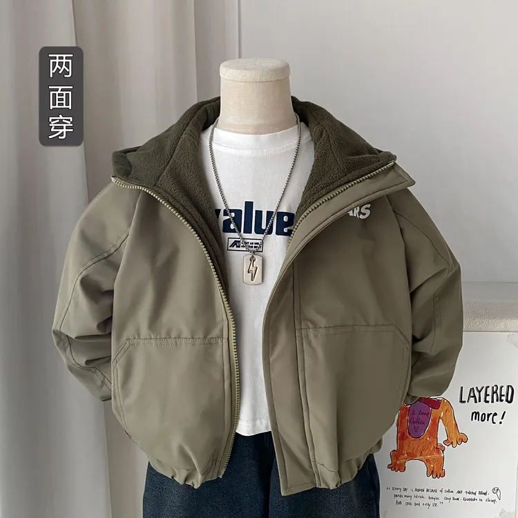 男童加绒外套2025冬季新款儿童两面穿棉服韩版痞帅男孩加厚冲锋衣