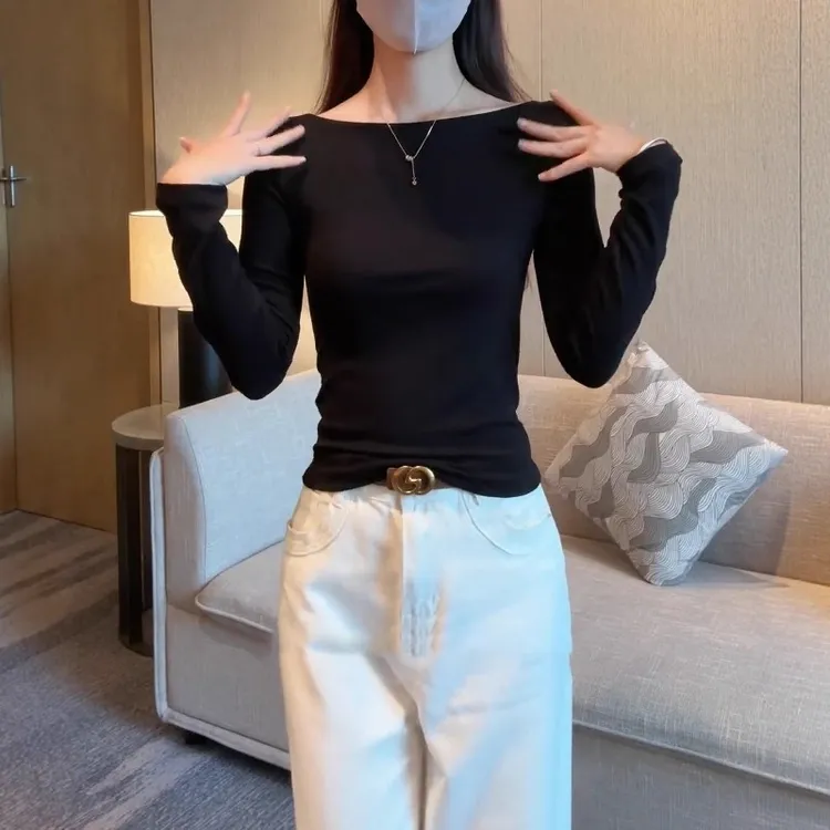黑色一字肩长袖t恤女春秋新款修身打底衫修身百搭显瘦露肩上衣潮