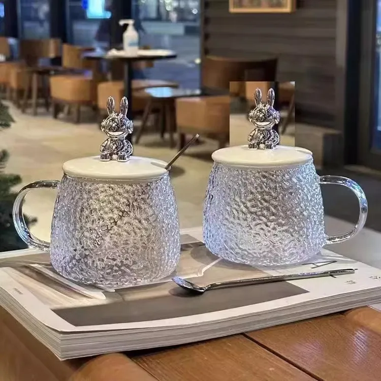 小熊锤纹杯玻璃杯ins高颜值水杯简约带盖可爱马克杯饮料杯果汁杯