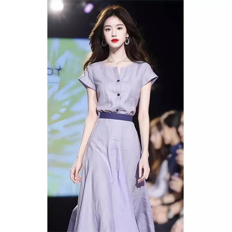 韩系穿搭公主小香风绝美奶fufu绝美紫色连衣裙子女夏季长裙泡泡袖