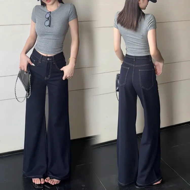 小鱼故事 夏季薄款高腰弹力不贴腿直筒微喇裤垂感辣妹显瘦拖地裤