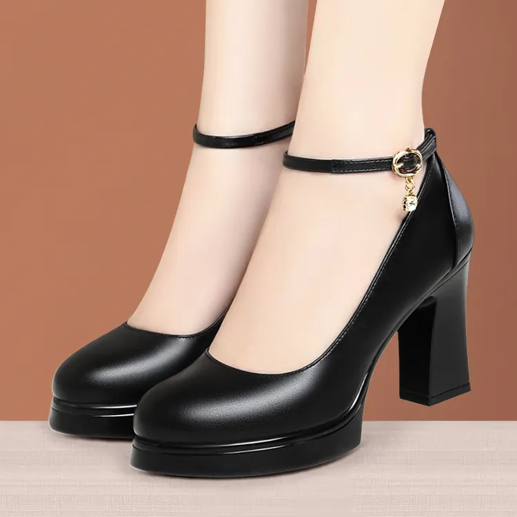 旗袍模特走秀高跟鞋女防水台百搭粗跟软皮单鞋妈妈鞋舒适皮鞋鞋子