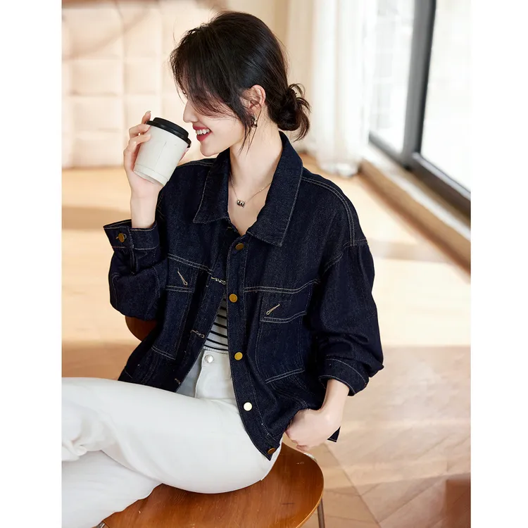 尚静极简风单排扣牛仔外套2025春季新款小个子复古直筒百搭短外套