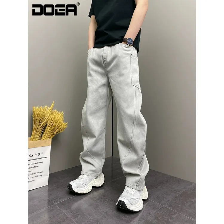春季美式网红原创爆款宽松哈伦直筒阔腿裤痞帅纯色男士休闲牛仔裤