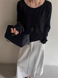 /超柔打底/秋季新款圆领长袖净版前拼缝压线针织上衣 长57 95280