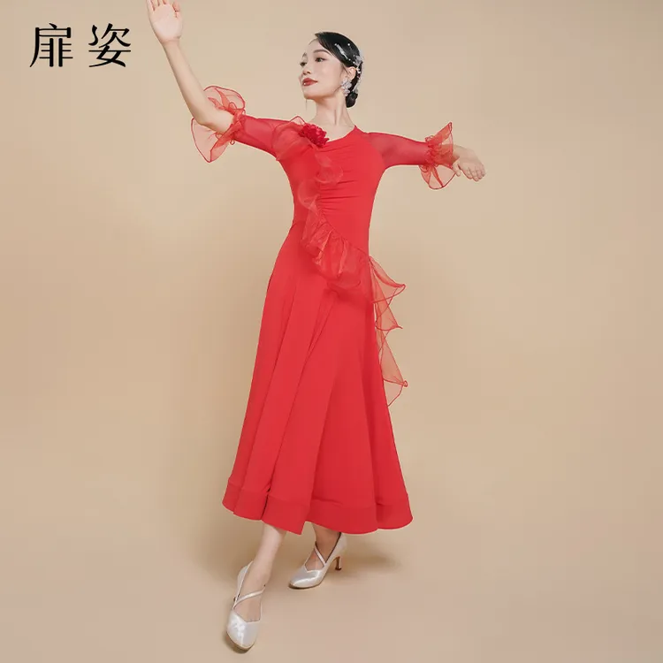 扉姿 摩登舞服女新款交谊舞大摆裙国标舞服装洋气跳舞连衣裙F3050