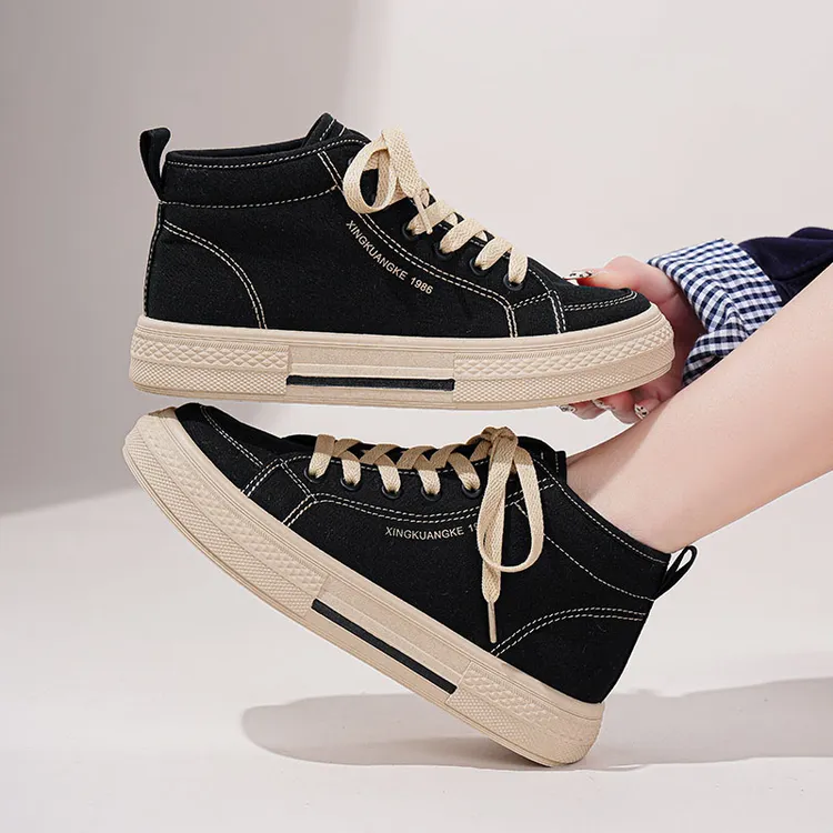 学院风休闲帆布鞋ins纯色高帮休闲运动厚底帆布鞋潮流学生女鞋