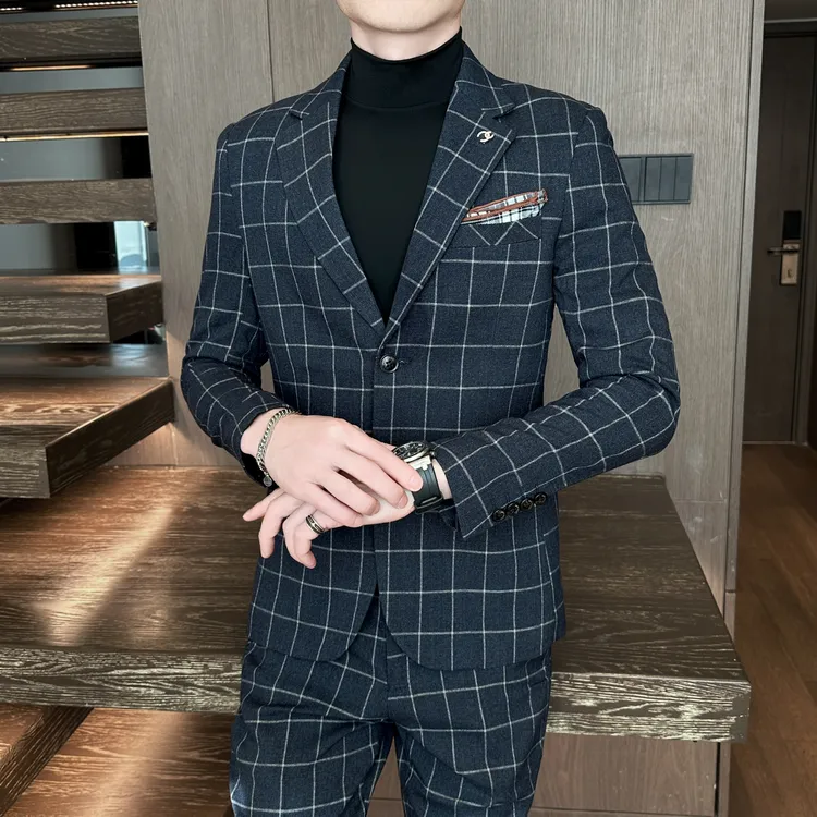 秋冬季格子西装男款爆款2025新款高级感潮流痞帅休闲商务西服套装