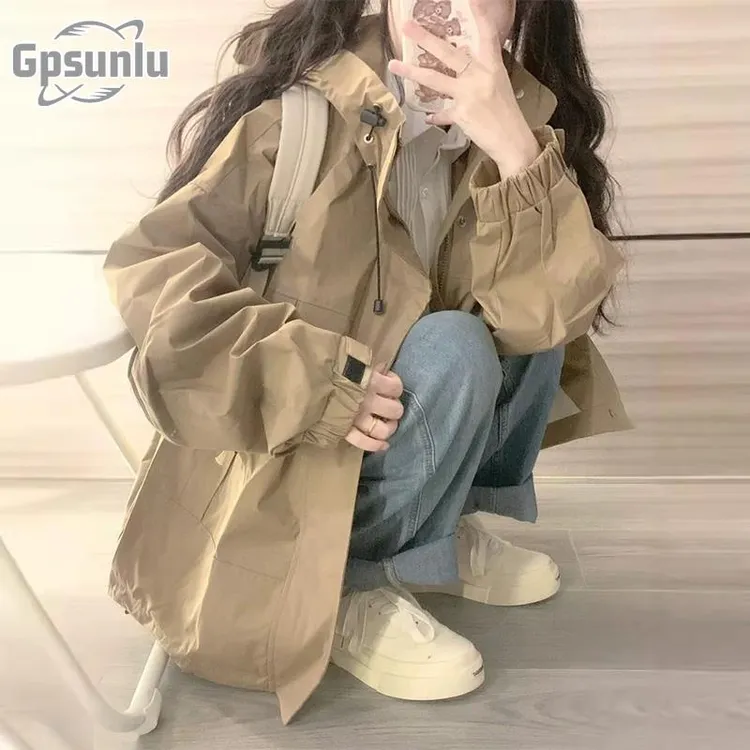 gpsunlu美式风衣外套女春秋时尚新款宽松休闲薄款冲锋衣工装上衣