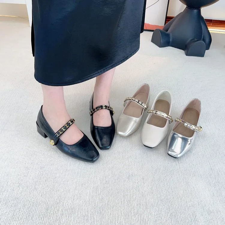 女鞋单鞋复古法式玛丽珍鞋粗跟方头皮鞋百搭夏季春夏高跟平底浅口