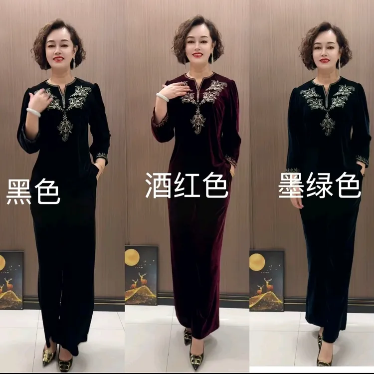 秋季重工刺绣宽松显瘦民族风上衣长裤适合中老年妈妈套装