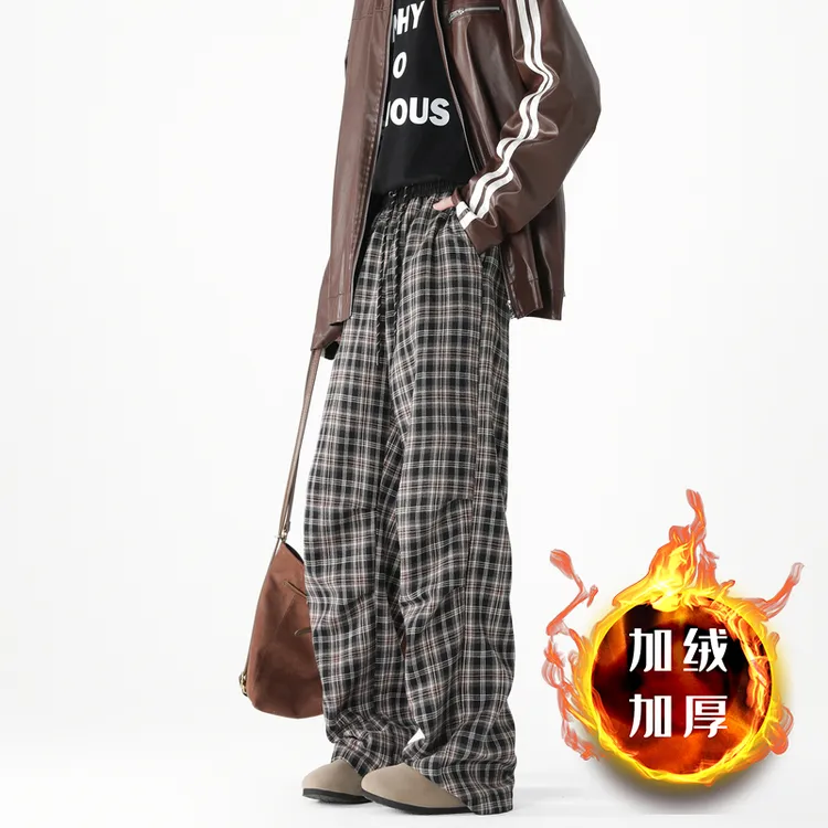 冬季复古cleanfit格子裤美式加绒加厚褶皱宽松休闲百搭显瘦直筒裤