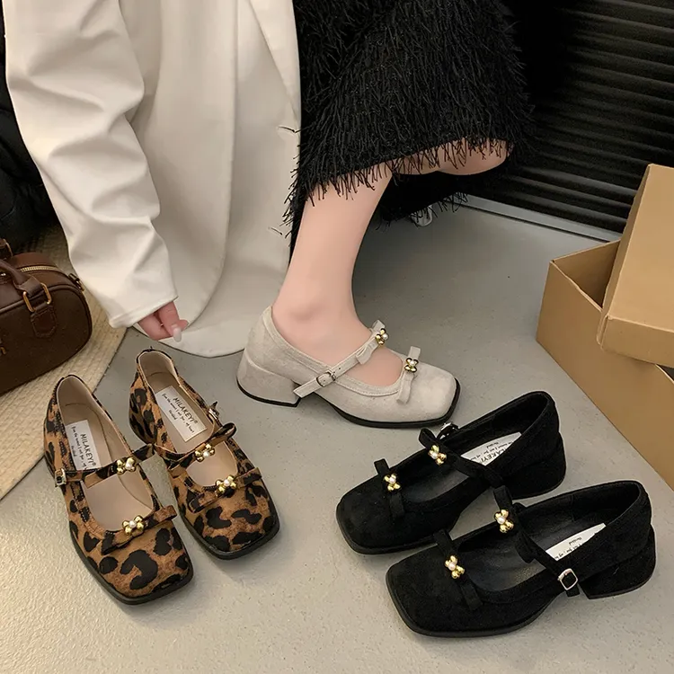 粗跟玛丽珍鞋女2025春季新款时尚金花小珠爆款增高小个子豹纹单鞋