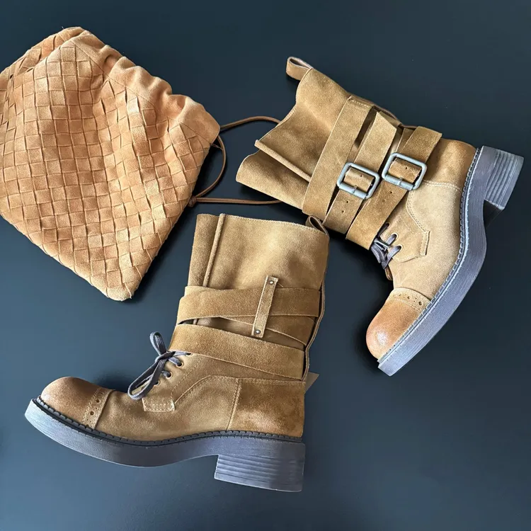 SingularityMe8A8401高丝光牛皮带扣粗跟西部马丁靴新款骑士靴