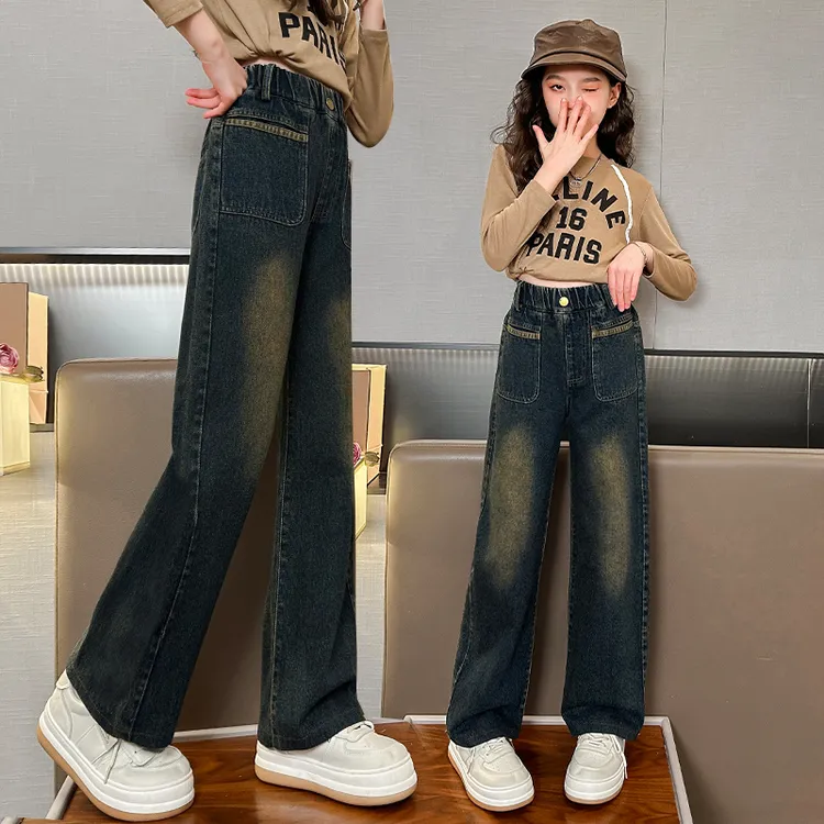 女童牛仔裤秋冬款儿童加绒裤子冬季休闲女大童宽松春秋直筒阔腿裤