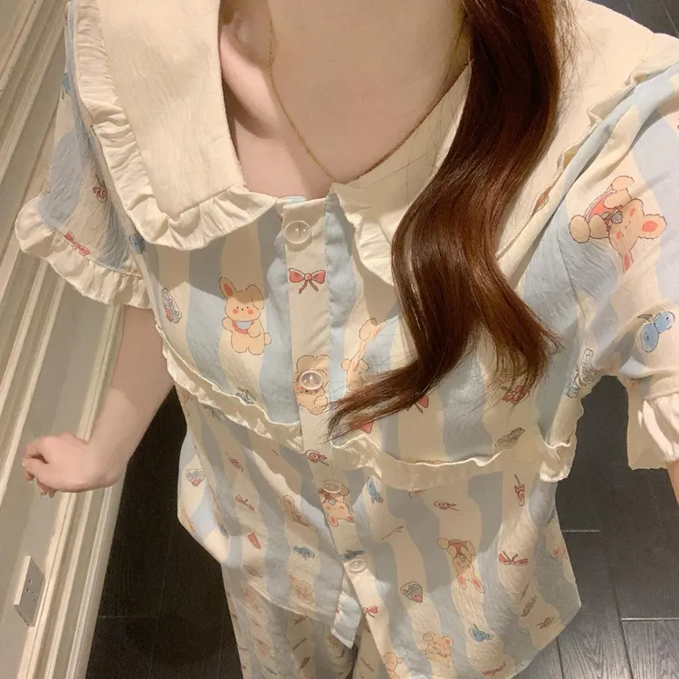 GPSUNLU蓝白条纹三件套睡衣女夏季带胸垫可爱花边娃娃领家居服