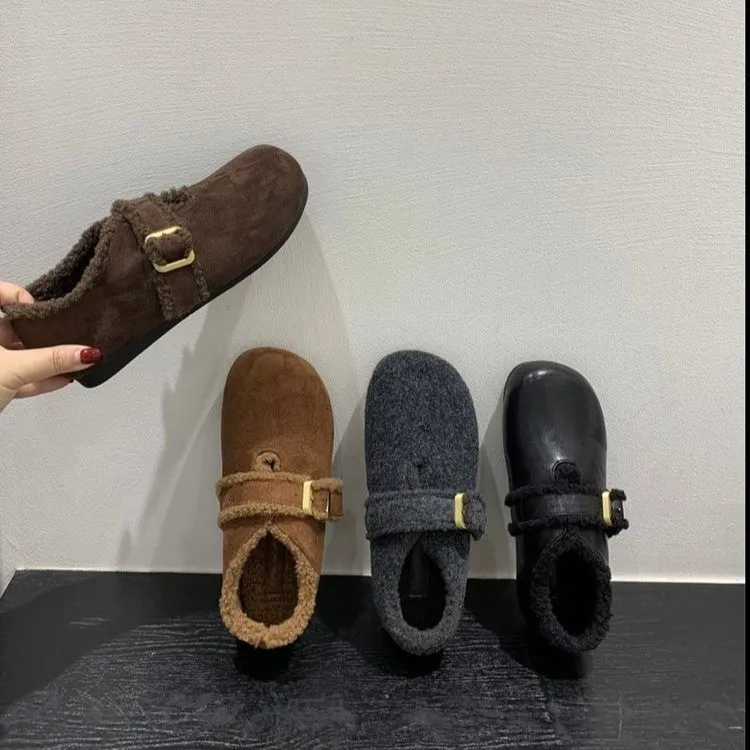 复古圆头毛毡加绒勃肯鞋女秋冬季新款韩版一脚蹬保暖毛毛鞋棉鞋女
