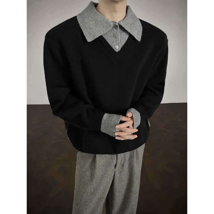 韩系假两件拼接翻领毛衣男款2025高街时尚百搭打底针织衫上衣男士