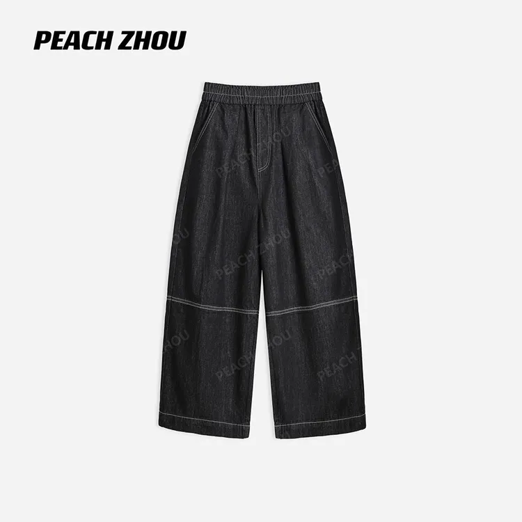 『PEACHZHOU』丹宁原牛明线宽松直筒牛仔裤松紧腰休闲阔腿九分裤女