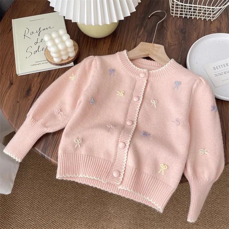 宝宝春秋外套蝴蝶结女童针织毛衣开衫小童泡泡袖上衣儿童洋气公主