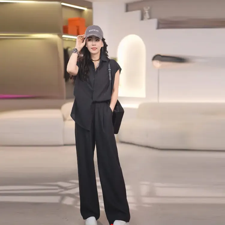 时尚休闲套装女2025夏季防晒宽松短袖衬衫+高腰显瘦直筒裤两件套