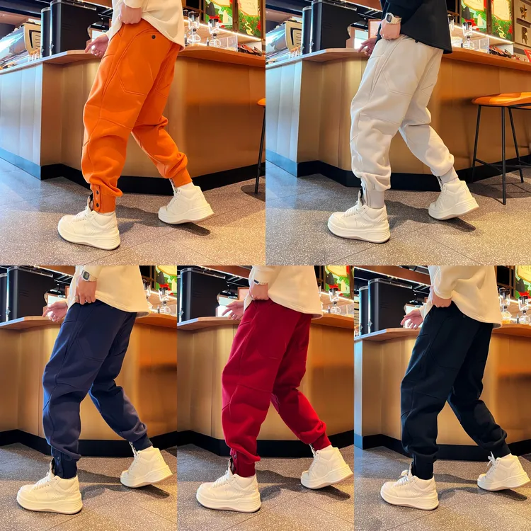 冬季新款百搭时尚潮流个性简约宽松加绒加厚拼接束脚男款休闲裤