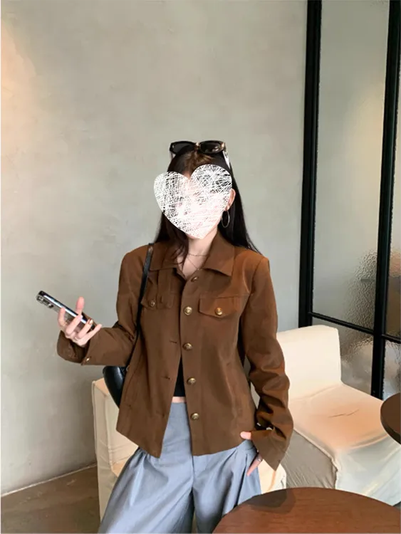 韩系翻领夹克外套女早秋新款时尚百搭设计感长袖复古短款上衣8020