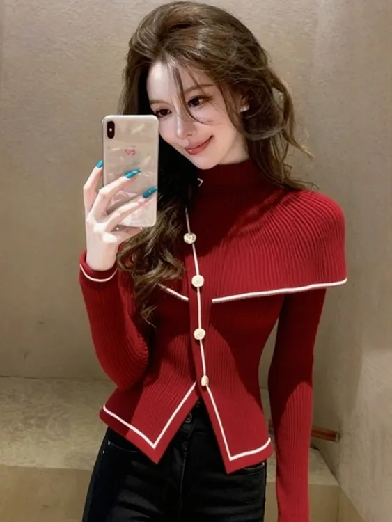 时尚轻奢绝美红色斗篷长袖毛衣针织衫女秋冬新款百搭洋气掐腰上衣