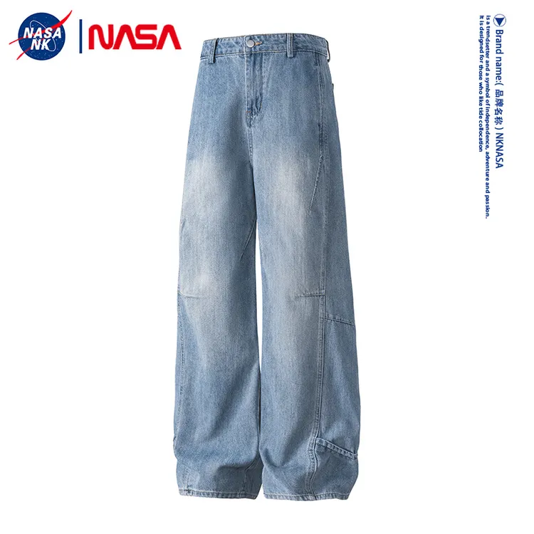 NASA联名复古做旧蓝色牛仔裤男款秋冬季美式潮牌阔腿长裤百搭裤子