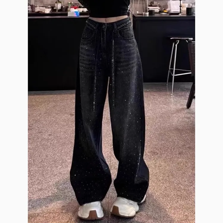大码黑色小众设计感烫钻牛仔裤女春季新款满天星显瘦拖地阔腿裤子