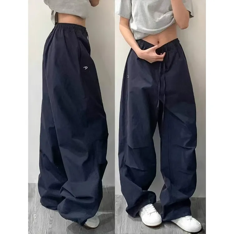 藏青色速干工装裤女春秋2025新款高腰宽松显瘦高个子阔腿拖地裤子