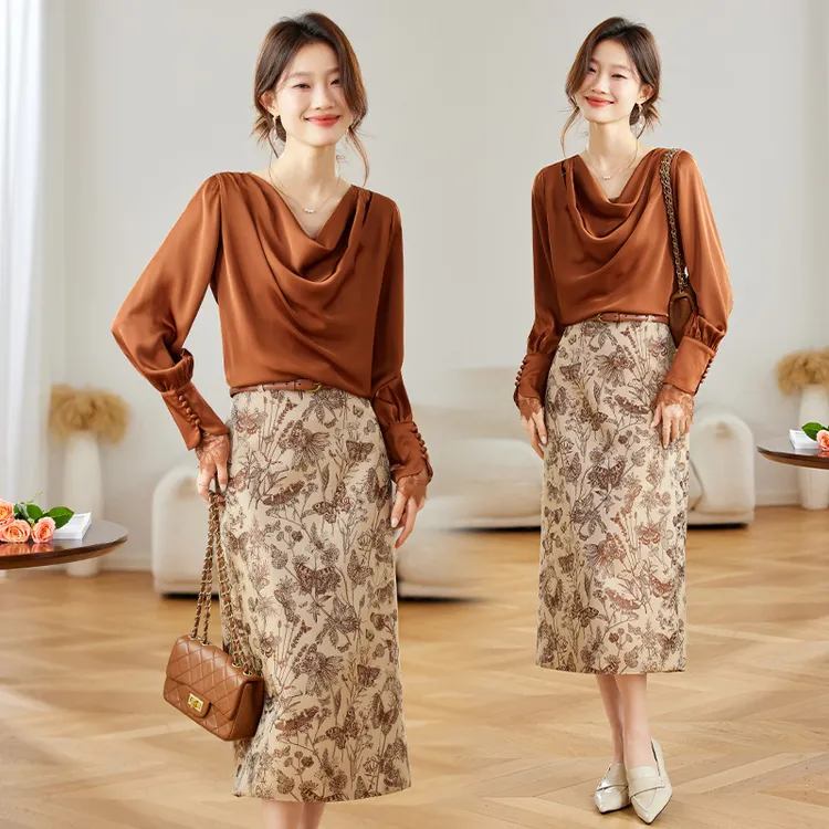 休闲时尚松弛感套装女2025春秋新款百褶简洁上衣印花半身裙两件套