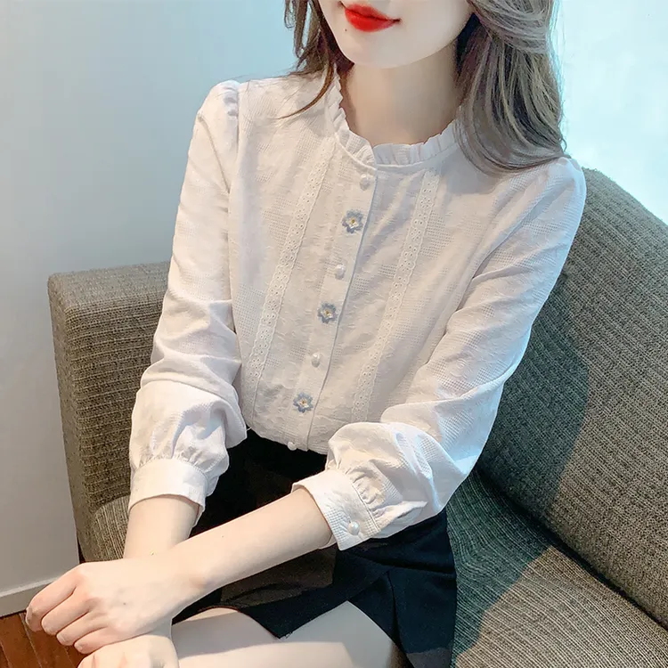 退货运费全补 法式立领纯棉衬衫女春秋2025新款宽松打底衫上衣