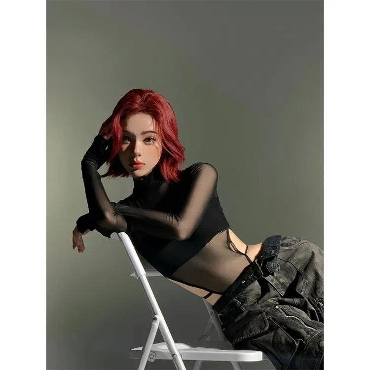 2025夏季新款欧美纯欲风黑色性感辣妹紧身微透网纱连体衣上衣女