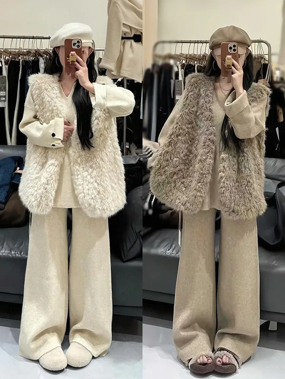 韩式搭配一整套冬装松弛感温柔风毛毛马甲外套针织衫阔腿裤套装女