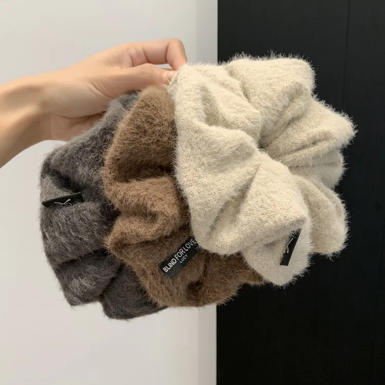韩系灰色针织毛绒大肠发圈女慵懒风丸子头超大号简约发饰头绳秋冬