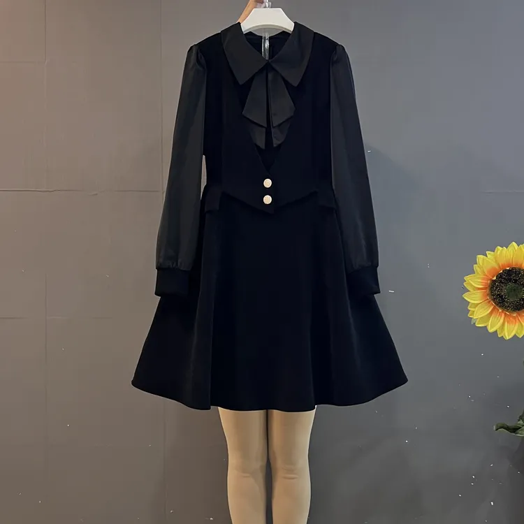 秋冬新款蝴蝶领带设计拼接假两件收腰显瘦气质连衣裙