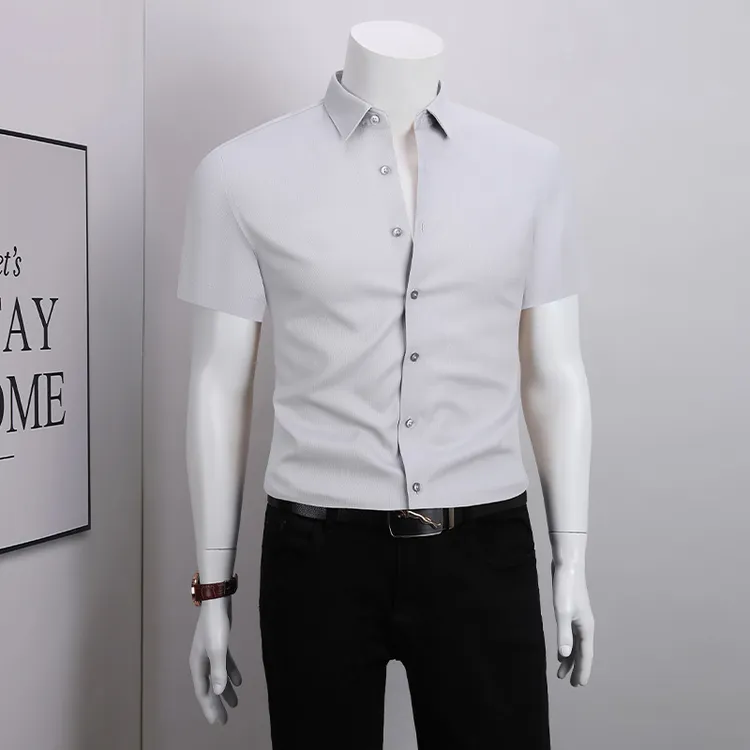 夏季男士衬衫短袖桑蚕丝2025新款商务休闲灰色抗皱免烫衬衣高级感