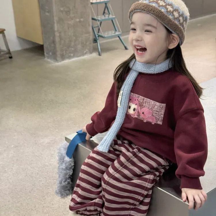 女童童装韩版套装2025秋冬新款加绒卫衣儿童加绒条纹两件套潮