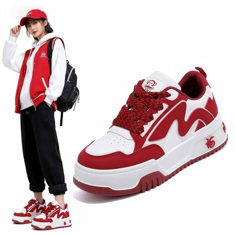 大嘴猴明星同款女鞋子厚底鞋小板鞋百搭休闲增女款厚底系带红色鞋
